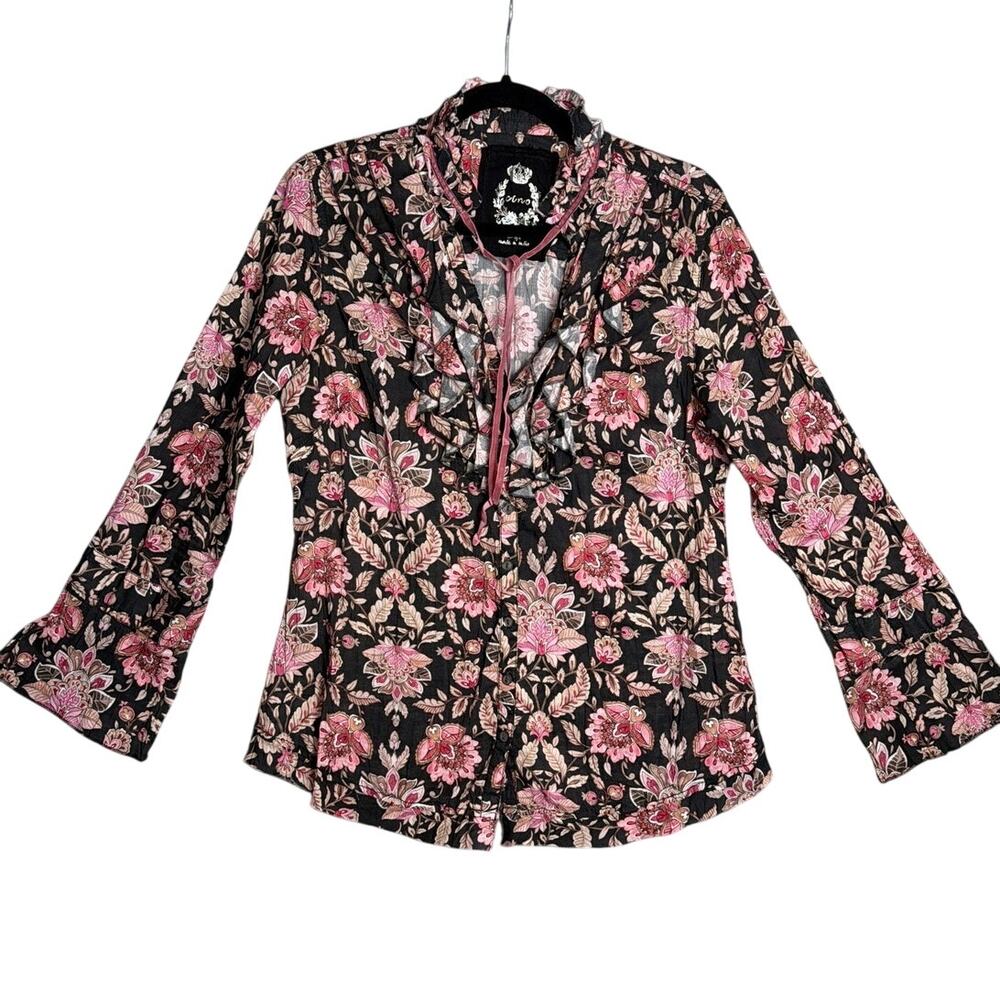 Cino Floral Ruffle Button Blouse Black Pink Cotton Cottagecore Romantic Top L